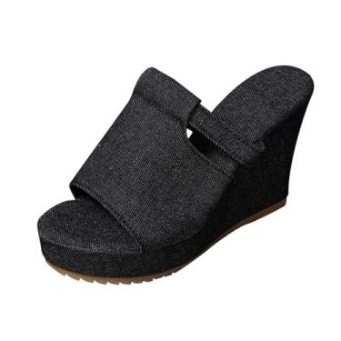 Imagem de Pantufas femininas de bico aberto com sola grossa à prova d'água para primavera verão casual, Preto, 36