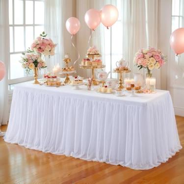Imagem de Wish Care Toalha de mesa de tule branca para mesas retangulares de 2,3 m, toalhas de mesa elásticas com babados, saia de mesa tutu, 2,4 m, sem rugas, elastano para decoração de aniversário, festa de