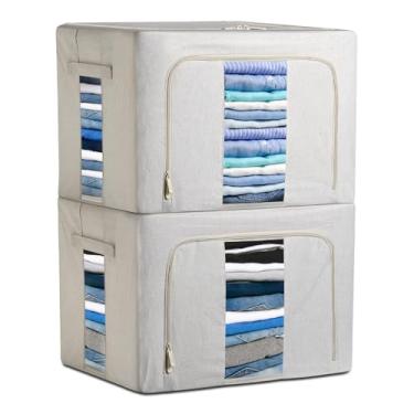 Imagem de Amengsen Caixas de armazenamento de roupas com moldura de aço revestida a pó de núcleo sólido, sacos de armazenamento de 24/66 L, organizador de caixa de tecido com zíperes transparentes para janela