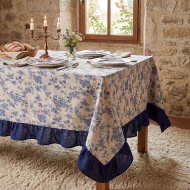 Imagem de Frienda Toalha de mesa vintage floral com babados, estampa em bloco, listras, retrô, retangular, para festa de Ação de Graças, Natal, cozinha, casa (213 x 152 cm, babados de rosa orquídea)