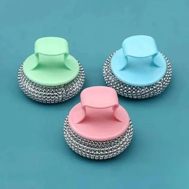 Imagem de Esfregador de lã de aço inoxidável com alça removível escova de limpeza resistente para limpeza de ferro fundido, pratos, panelas de cozinha, panelas, churrasqueiras, fogões, pia