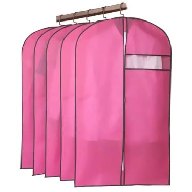 Imagem de Pacote com 5 sacos de vestuário com janela transparente - Armazenamento de roupas à prova d'água à prova de poeira - Tecido não tecido 60 x 105 cm (24 x 41 pol.) - Perfeito para viagens e organização