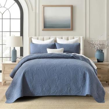 Imagem de AJOCCI Conjunto de edredom queen de algodão, roupa de cama azul retrô, colchas paisley, colcha de algodão macio, cor lisa, leve, para todas as estações, 3 peças