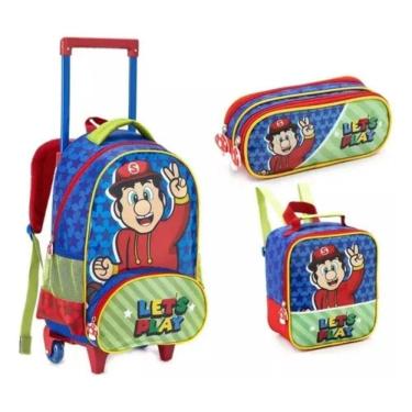 Imagem de Kit Escolar Mochila C-rodinhas Alça De Mão E Costas + Lancheira + Estojo - Let´s Play - Denlex Azul