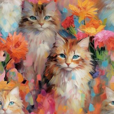 Imagem de Hellowall 44,5 x 998 cm Gato Floral Peel and Stick Papel de parede colorido abstrato animal autoadesivo gato caprichoso arte de parede animais engraçados flor papel de parede decorativo contato gatos