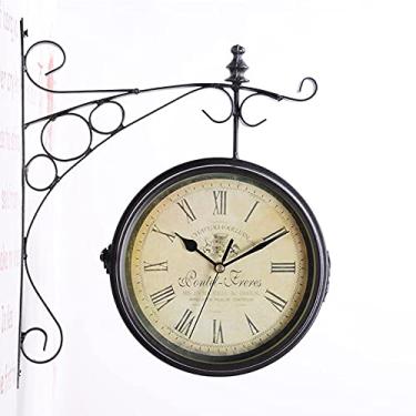 Imagem de SLGGPJBU Relógio de estação relógio de parede dupla face exterior frente e verso, estilo europeu relógio de estação antiga para montagem ao ar livre A