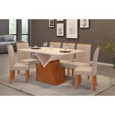 Imagem de Conjunto: Mesa de Cozinha Argo c/ Tampo Madeirado c/ Vidro Curvo 136x90cm e 6 Cadeiras Ayla Freijo/Off White - Suede Creme - DJ Móveis