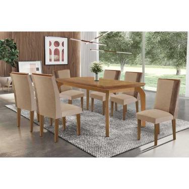 Imagem de Conjunto: Mesa de Cozinha Londrina Tampo Curvo 180cm+6 Cadeiras Tilia Madeira Naturale - Capuccino/Linho Capuccino - Rufato