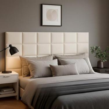Imagem de Cabeceira Estofada Modular Autocolante 40x30cm Kit 10 Peças para Cama Box Casal Queen King(Off White,SOLTEIRÃO - 6 MÓDULOS)
