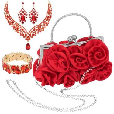 Imagem de Hlimior Conjunto de joias de casamento rosa 4 peças para noiva com bolsa de mão, pulseira de brincos de colar de cristal de strass, acessórios formais para festa de formatura, banquete, aniversário