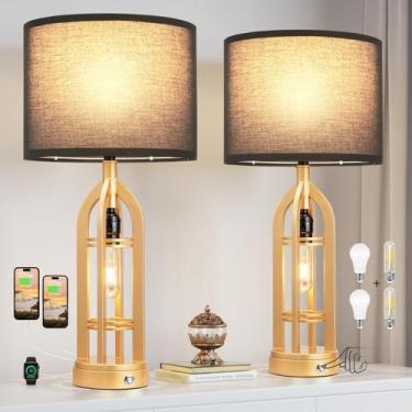 Imagem de Conjunto de 2 Luminárias de Mesa Seealle Douradas com USB+C e Tomada T