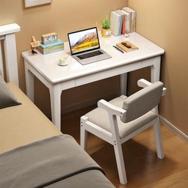 Imagem de Mesa de computador moderna de madeira maciça de meados do século com gavetas, elegante mesa de escrita de madeira para escritório em casa, estação de trabalho simples para laptop de estudo (80 x 40 x