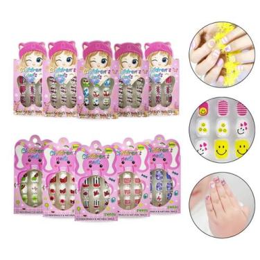 Imagem de Kit 120 Unhas Postiças Infantil Criança Desenho Autoadesivo Menina Fem