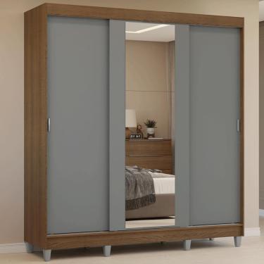 Imagem de Guarda-roupa Casal Com Pés 3 Portas De Correr Com Espelho Rustic Cinza Reno Madesa
