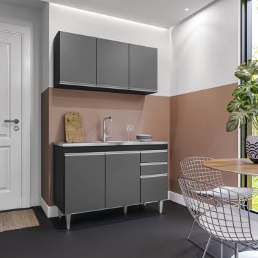 Imagem de Kit de Cozinha Melissa com Pia e Cuba GhelPlus 120cm 6 Portas 2 Gavetas Preto Grafite Maderatto Móveis