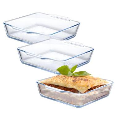 Imagem de Kit 3 Assadeira Travessa Refratária Alças Quadrada Vidro Forno 400ml -