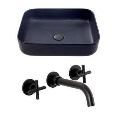 Imagem de Kit Cuba para Banheiro Retangular Slim Cerâmica Fluorita e Torneira Du