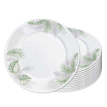 Imagem de Jogo 12 Prato Raso Opaline de Vidro Branco com Folhas Jungle Leitoso 2