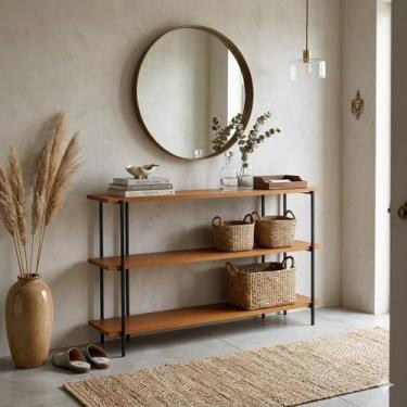 Imagem de Aparador Industrial Aberto Com 3 Prateleiras em Madeira Maciça Balcão 