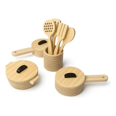Imagem de Kit Panelinhas Brinquedo Infantil Educativo Madeira Pinus - Madeira Pi