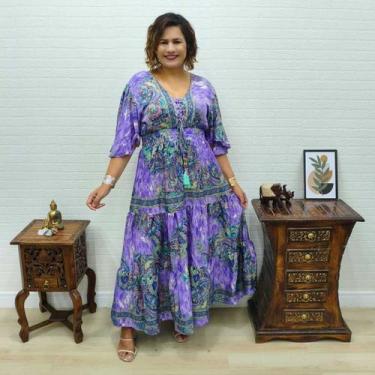 Imagem de Vestido Longo Indiano Manga Flare Amarração Toque de Seda - - Sarat Mo