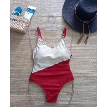 Imagem de Maiô bicolor acetinado com Bojo - Fabrica Storee, Vermelho com nude, M