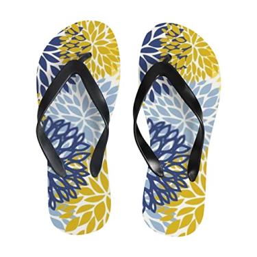 Imagem de Chinelo fino feminino azul amarelo crisântemo flores praia tanga sandália confortável verão viagem chinelos para homens, Multicor, 4-5 Narrow Women/3-4 Narrow Men