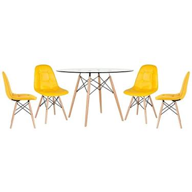 Imagem de Loft7, Mesa Eames com tampo de vidro 120 cm + 4 cadeiras estofadas Eiffel Botonê Amarelo