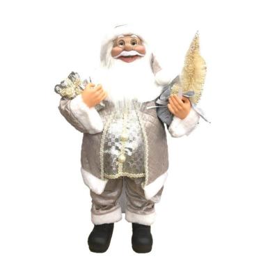 Imagem de Papai Noel Casaco Cinza Perolado Luxo Grande 60cm Presente e Pinheiro - Master Christmas