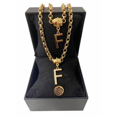 Imagem de Colar + Pulseira Elo Português Grosso 6mm Letra "F"