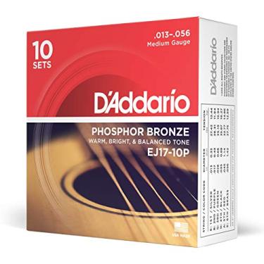 Imagem de D'Addario Cordas de guitarra - Cordas de guitarra acústica bronze fósforo - EJ17-10P - rica, espectro tonal completo - para guitarras de 6 cordas - média 13-56, pacote com 10