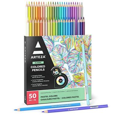 Imagem de ARTEZA Lápis de cor pastel para colorir adulto, conjunto de 50 lápis de desenho, pegada triangular, conjunto de lápis pré-afiado, suprimentos de arte profissional para artistas para esboçar e ilustrar