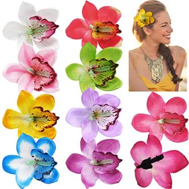Imagem de Pacote com 9 multicolorido feminino flor de orquídea de chiffon grande flores boêmia clipe de cabelo para acessórios de casamento nupcial grampos de cabelo acessórios para presilhas de cabelo