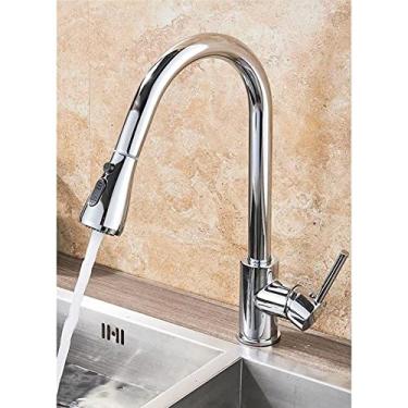 Imagem de Torneira de cozinha de níquel escovado com furo único, bico removível para pia de cozinha, torneira misturadora, cabeça de pulverização, torneira misturadora cromada/preta, cromada A