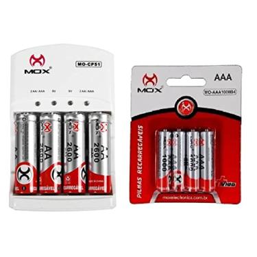 Imagem de Kit 8 Pilhas Recarregáveis 4 AA e 4 AAA + Carregador de Pilhas Mox Bivolt