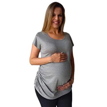 Imagem de Blusa gestante com detalhe lateral roupa de grávida (P, Cinza)