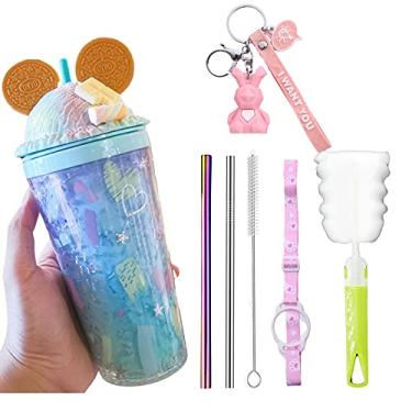 Imagem de Copo de viagem com canudo copo de festa, copo de gelo para congelador, caneca de piquenique (orelha azul, 450 ml)