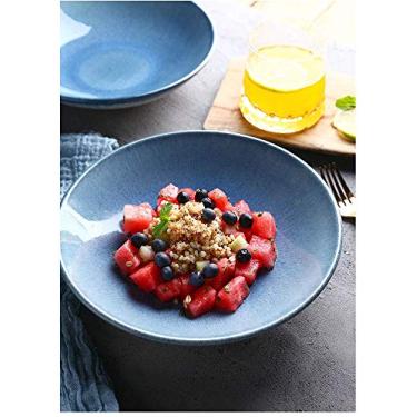 Imagem de Tigela de cerâmica Linglan criativa, tigela de sopa rasa, prato doméstico de 24,5 cm, tigela de macarrão ocidental, tigela de salada, azul