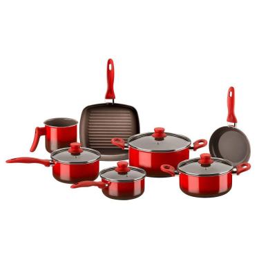 Imagem de Jogo De Panelas Ceramic Life Slim Brinox Magnólia 7 Peças E Pegador Vermelho