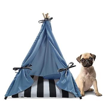 Imagem de Cabana Oca de Indio para Cachorro Tenda Madeira Colchão Listrado Tamanho P 50x65cm Azul Claro Pet Best Soluções