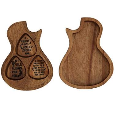 Imagem de Caixa de palhetas de madeira de guitarra com 3 peças de palheta de guitarra caixa de acácia para tocar guitarra, palheta polida fina com grão