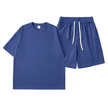 Imagem de Ternos de jaqueta para homens adulto verão cor sólida simples casal camiseta shorts terno de duas peças trajes de banho europeus homens, Azul, 3G