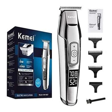 Imagem de KEMEI Aparador de cabelo masculino sem fio, barbeiro, profissional, visor LCD, 0 mm, cortador de barba careca elétrico recarregável por USB Prata(XSH-5027)