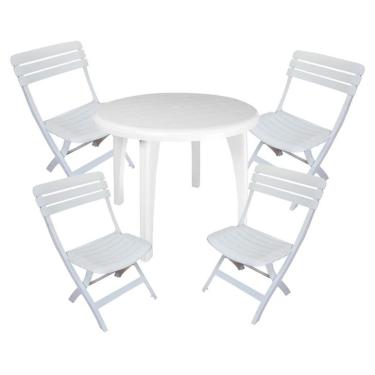 Imagem de Conjunto de Mesa de Plástico Redonda Desmontável Telma com 4 Cadeiras Dobrável Diamantina Branco