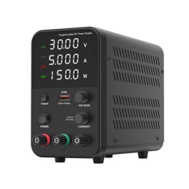 Imagem de Fonte de alimentação DC de bancada variável 30V 5A Display digital com comutação ajustável Fonte de alimentação regulada CV CC com interruptor de saída, porta de carga rápida USB, alarme de curto-ci