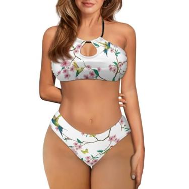 Imagem de Yewattles Conjunto de biquíni feminino, 2 peças, frente única, cruzado, biquíni e calça de praia de cintura baixa, Beija-flor floral, 3G