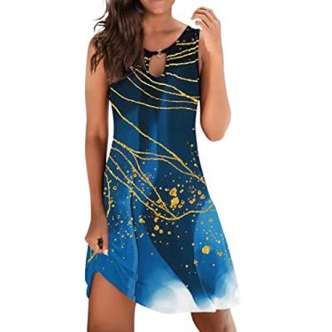 Imagem de Elogoog Vestidos de verão para mulheres 2024 moderno franzido havaiano vestido maxi elegante sem mangas cintura elástica floral vestido de trabalho, F-azul escuro, GG