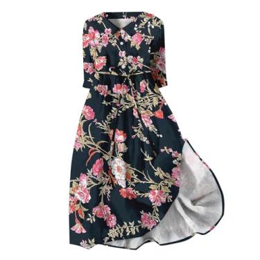 Imagem de Elogoog Vestidos de verão para mulheres 2024 gráfico franzido havaiano vestido maxi elegante manga curta cintura elástica floral vestido de trabalho, E rosa-choque, G