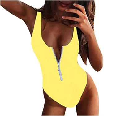 Imagem de Conjunto de roupa de banho feminino com micro biquíni, tanquíni, decote V profundo, sexy, decote havaiano, conjunto de roupa de banho, W-013 Amarelo Mostarda, G