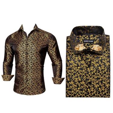Imagem de Camisas masculinas de seda Gold Paisley manga longa casual floral camisas sociais designer gola leopardo broche, Broche de colarinho Cy-0426, GG